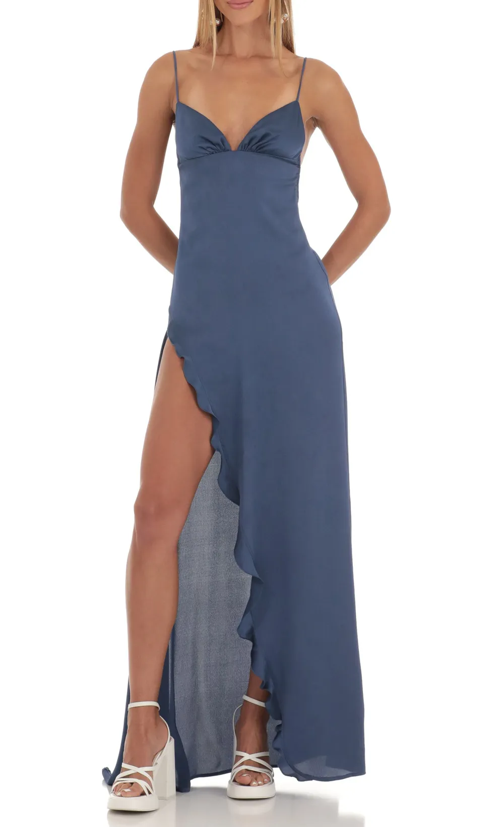 Satin Ruffle Maxi Dress in Blue