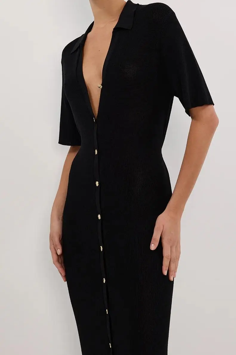 LIAM BLACK KNIT POLO MAXI DRESS