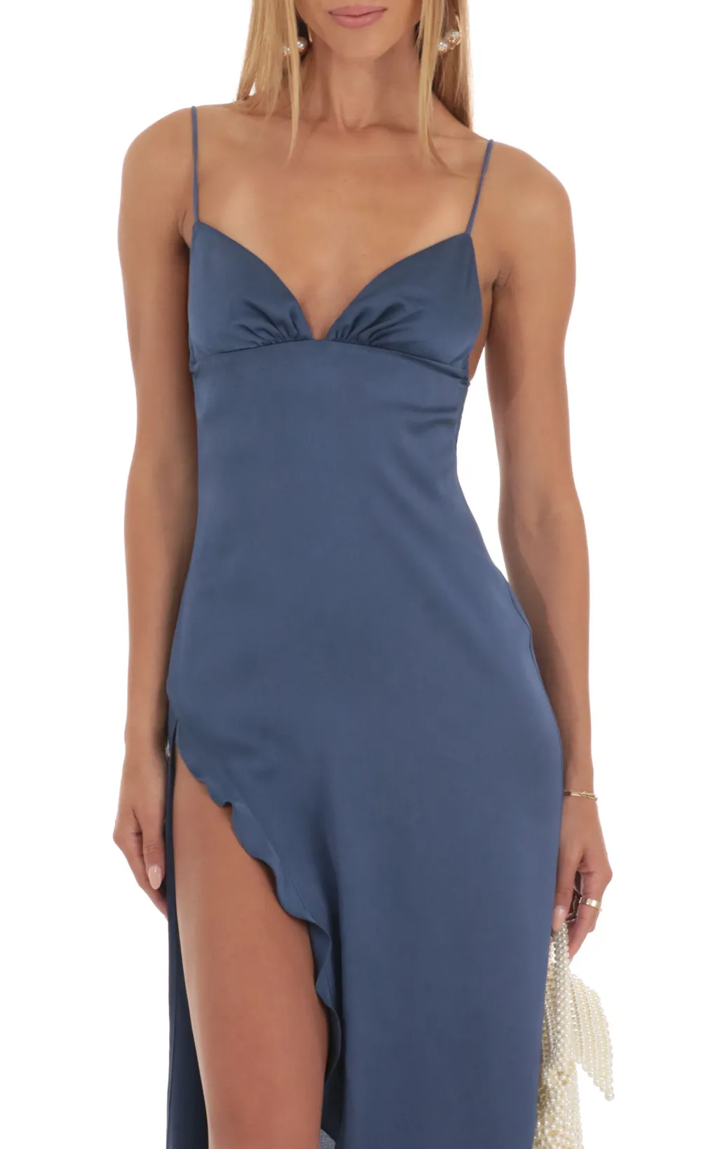 Satin Ruffle Maxi Dress in Blue